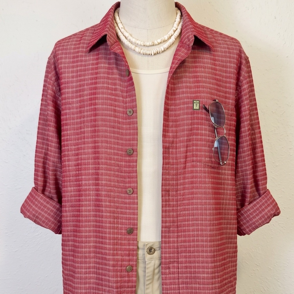 Original Island Sport Red Grid Button Down Long Sleeve Shirt Mens XL Y2K Vintage